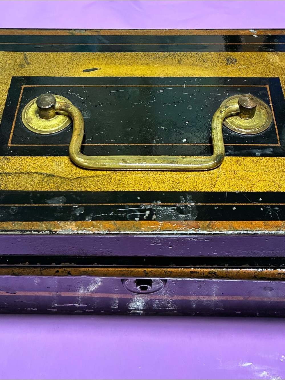 Antique Vintage Tole Black and Gold Brass-Handle Metal Cash Box with coin insert